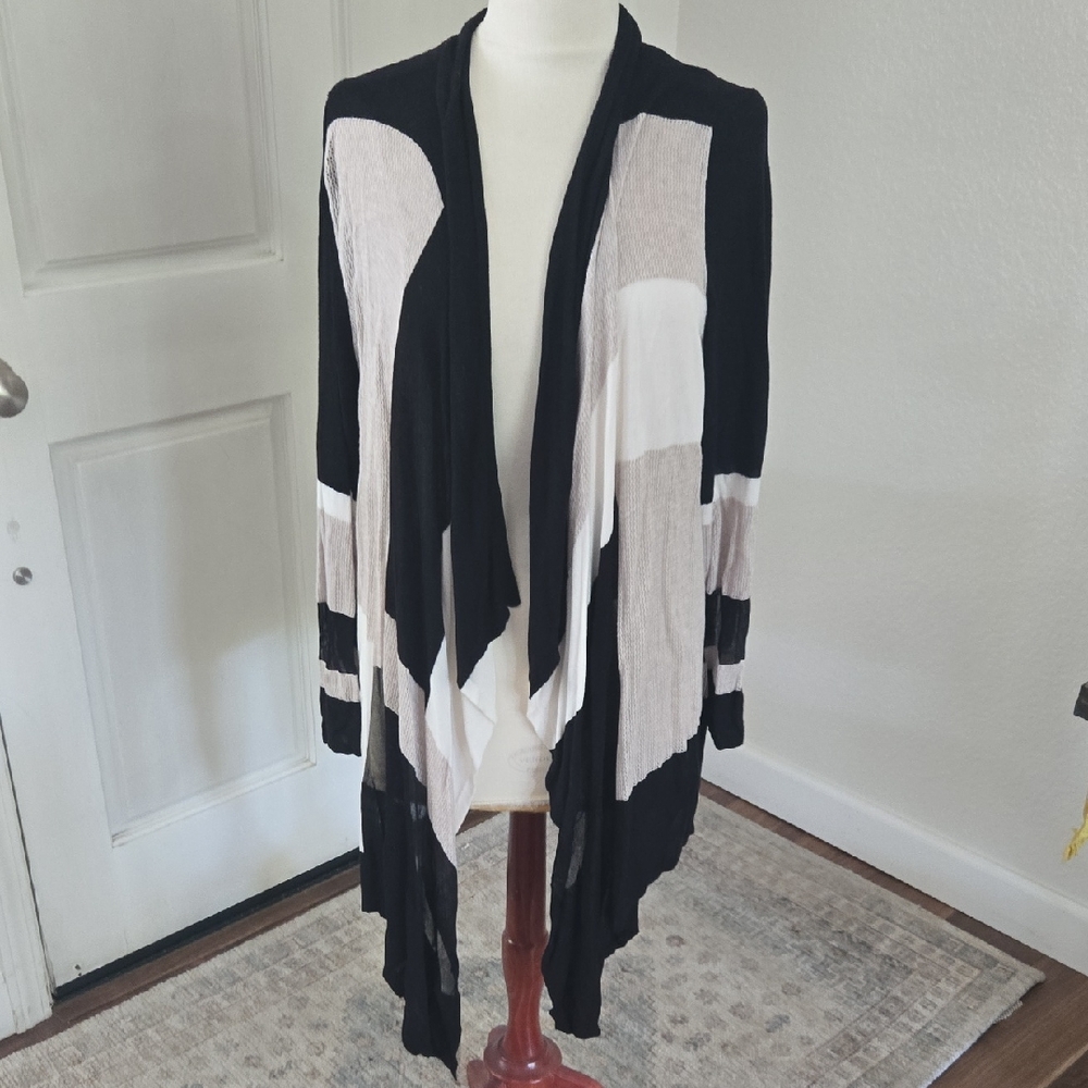 INC International Concepts Black and Cream Colorblock Draped Open-Front Cardigan